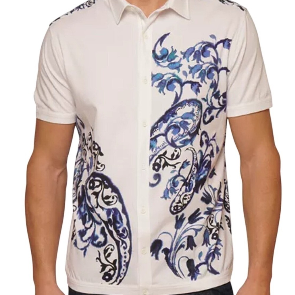NWOT Robert Graham Button Shirt Men 4XL White Blue Floral Paisley Short Sleeve